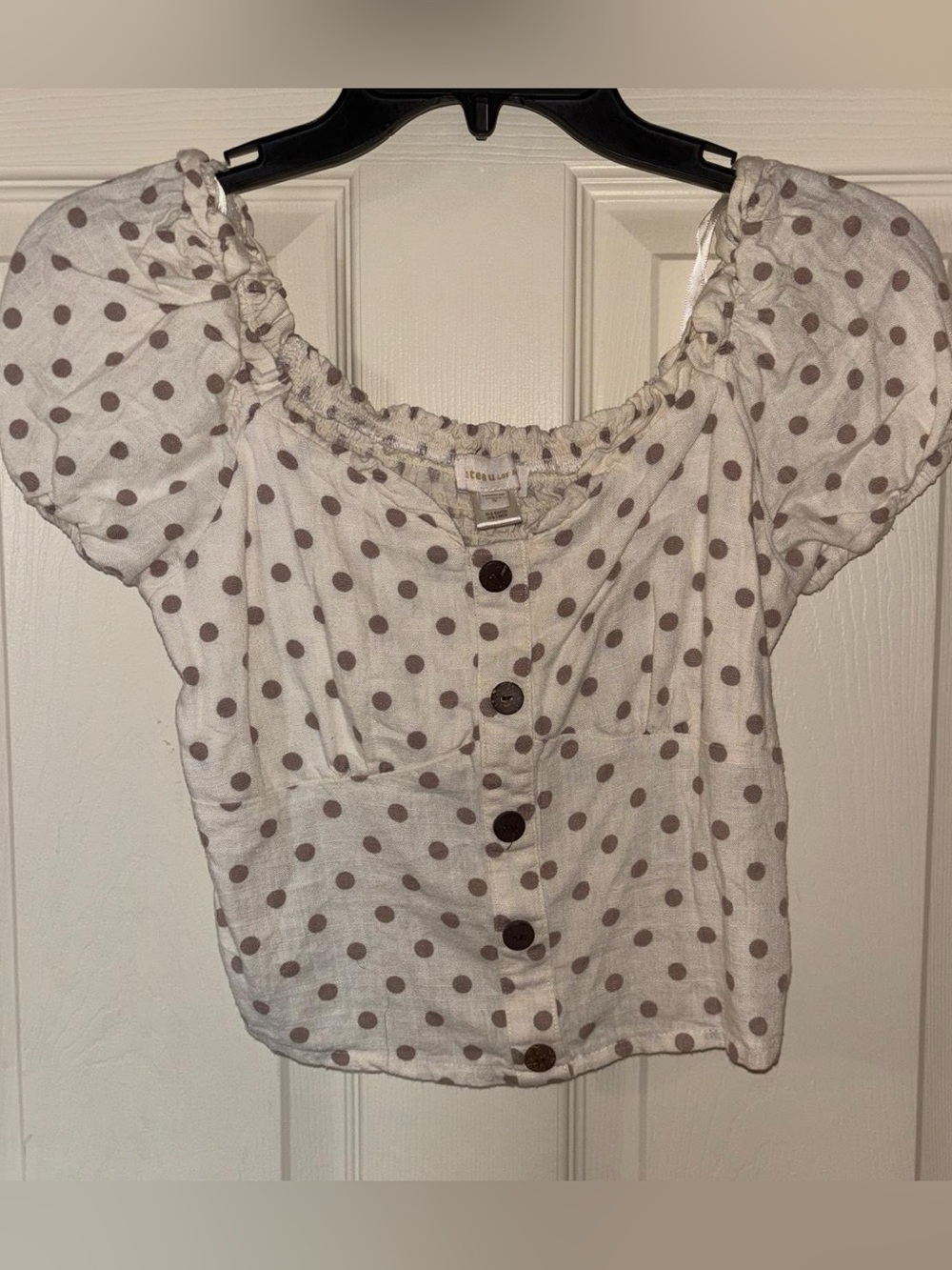 Polka Dot Puff Sleeve Button-Front Top - Cream/Brown NEW WITHOUT TAGS